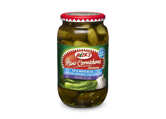 Mini-Cornichons à l'ail <strong>Bick’s<sup>®</sup></strong> avec 50 % moins de sel