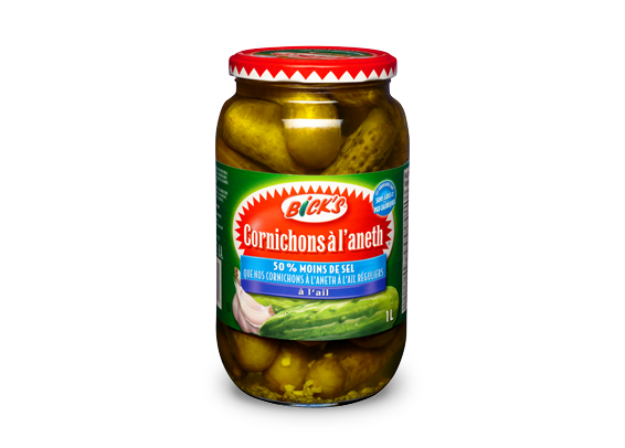<strong>Bick’s<sup>®</sup></strong> cornichons à l'aneth et à l'ail avec 50 % moins de sel