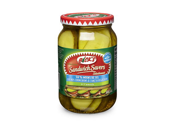 Cornichons<strong><em> </em>Sandwich Savers<sup>®</sup></strong> à l’aneth <strong>Bick’s<sup>®</sup></strong>  50 % moins de sel